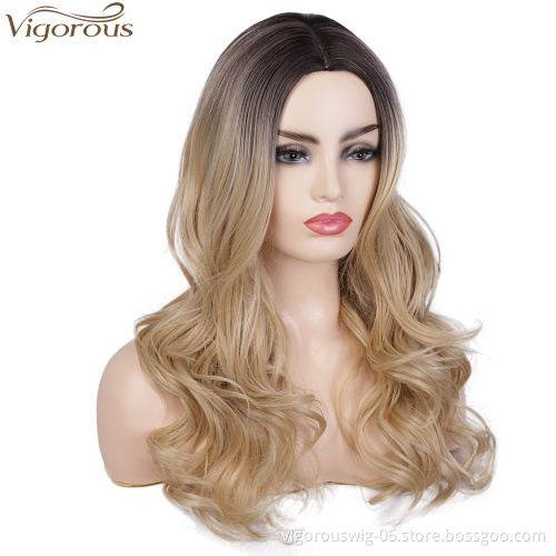 Vigorous Cheap Long Ombre Blonde Wavy Middle Part Wig For Black Women Heat Resistant Synthetic Hair Wigs